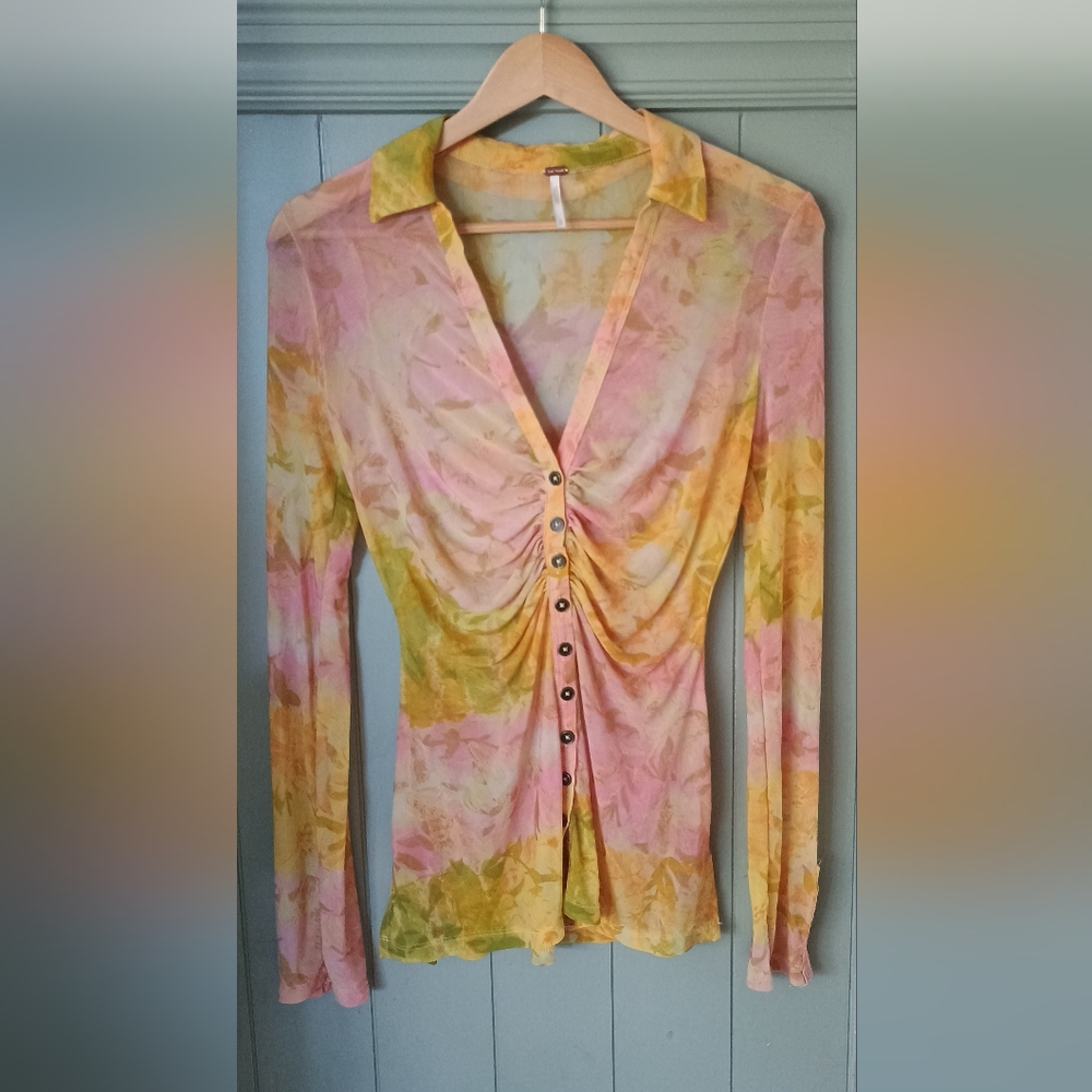 Free People Multicolor Ruched Button-Up Top